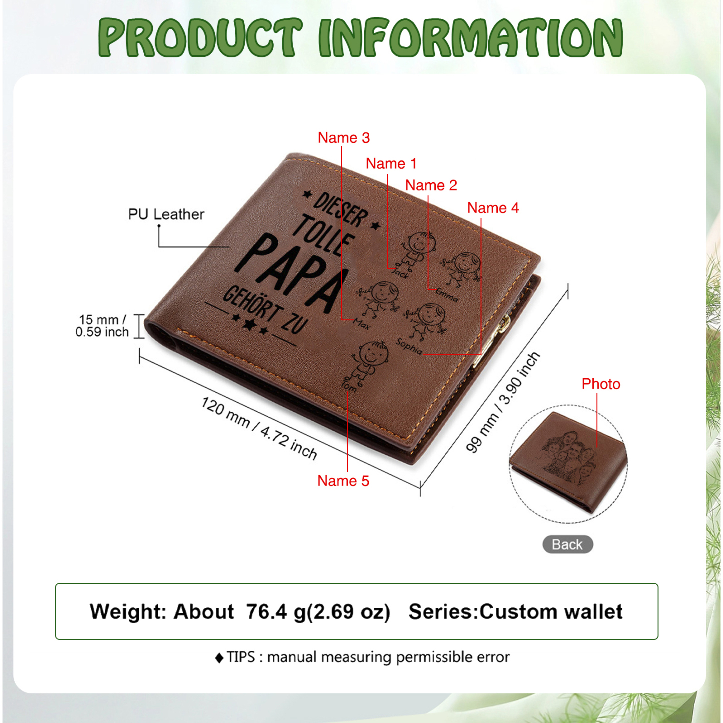 Herren Personalisiertes Foto & 1-5 Namen -Dieser tolle Papa gehört zu- Leder Geldbörse mit Münzfächer-Geschenk für Vater