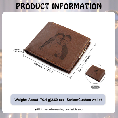 Herren Personalisiertes Foto & Text Braun PU Leder Geldbörse mit Münzfach & Reißverschluss