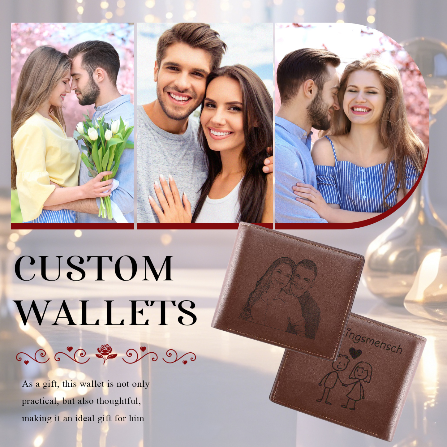 Herren Personalisiertes Foto & Text Braun PU Leder Geldbörse mit Münzfach & Reißverschluss