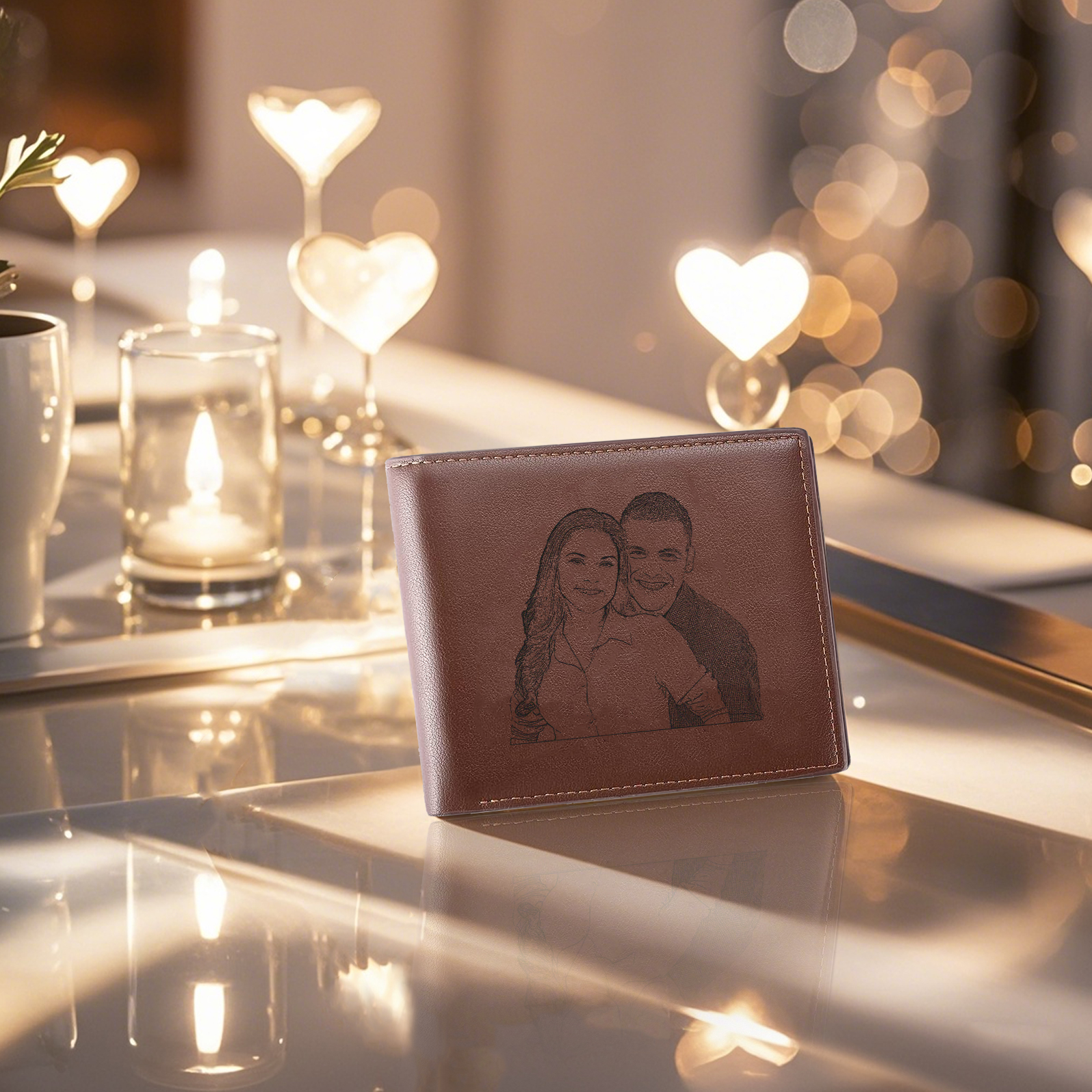 Herren Personalisiertes Foto & Text Braun PU Leder Geldbörse mit Münzfach & Reißverschluss