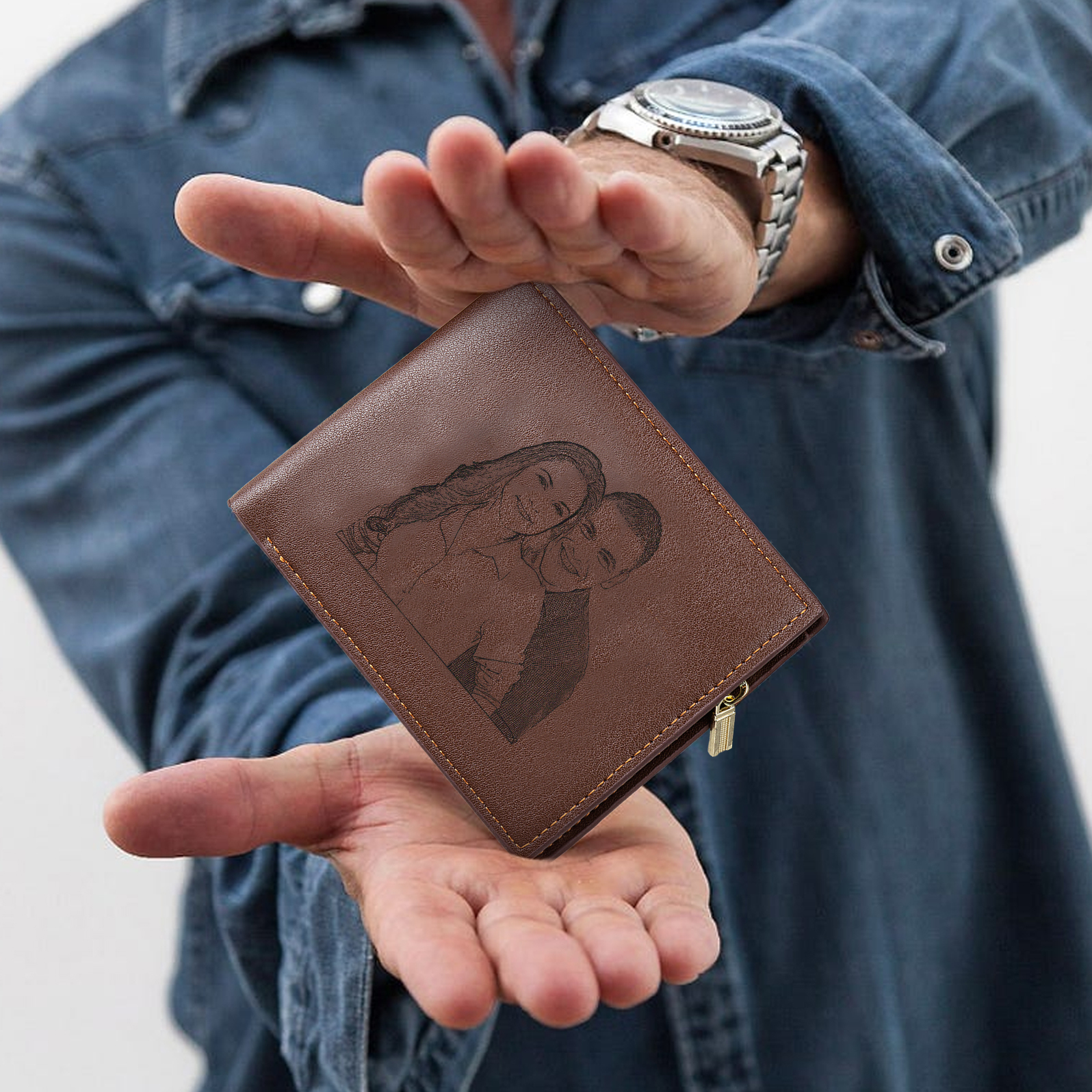 Herren Personalisiertes Foto & Text Braun PU Leder Geldbörse mit Münzfach & Reißverschluss