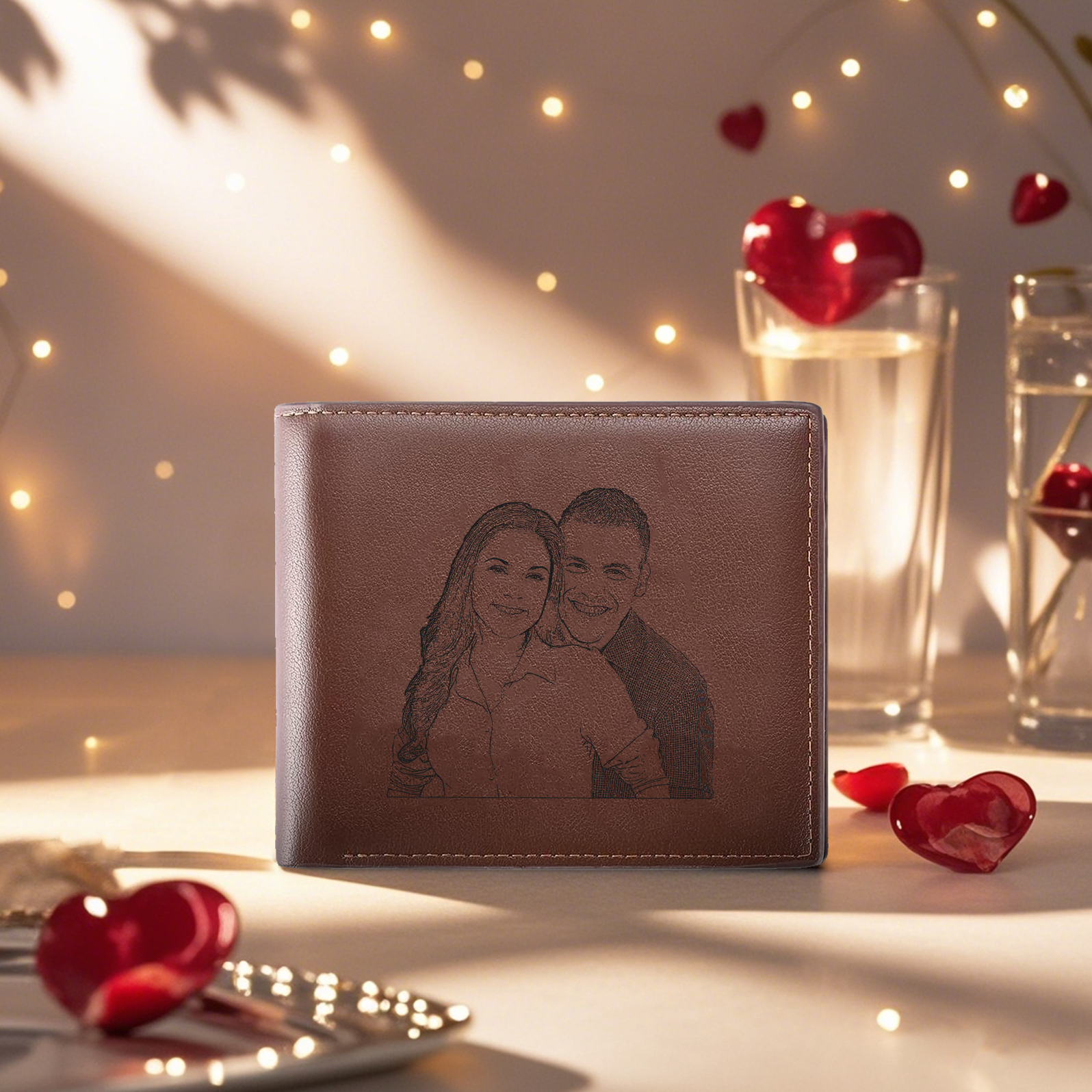 Herren Personalisiertes Foto & Text Braun PU Leder Geldbörse mit Münzfach & Reißverschluss