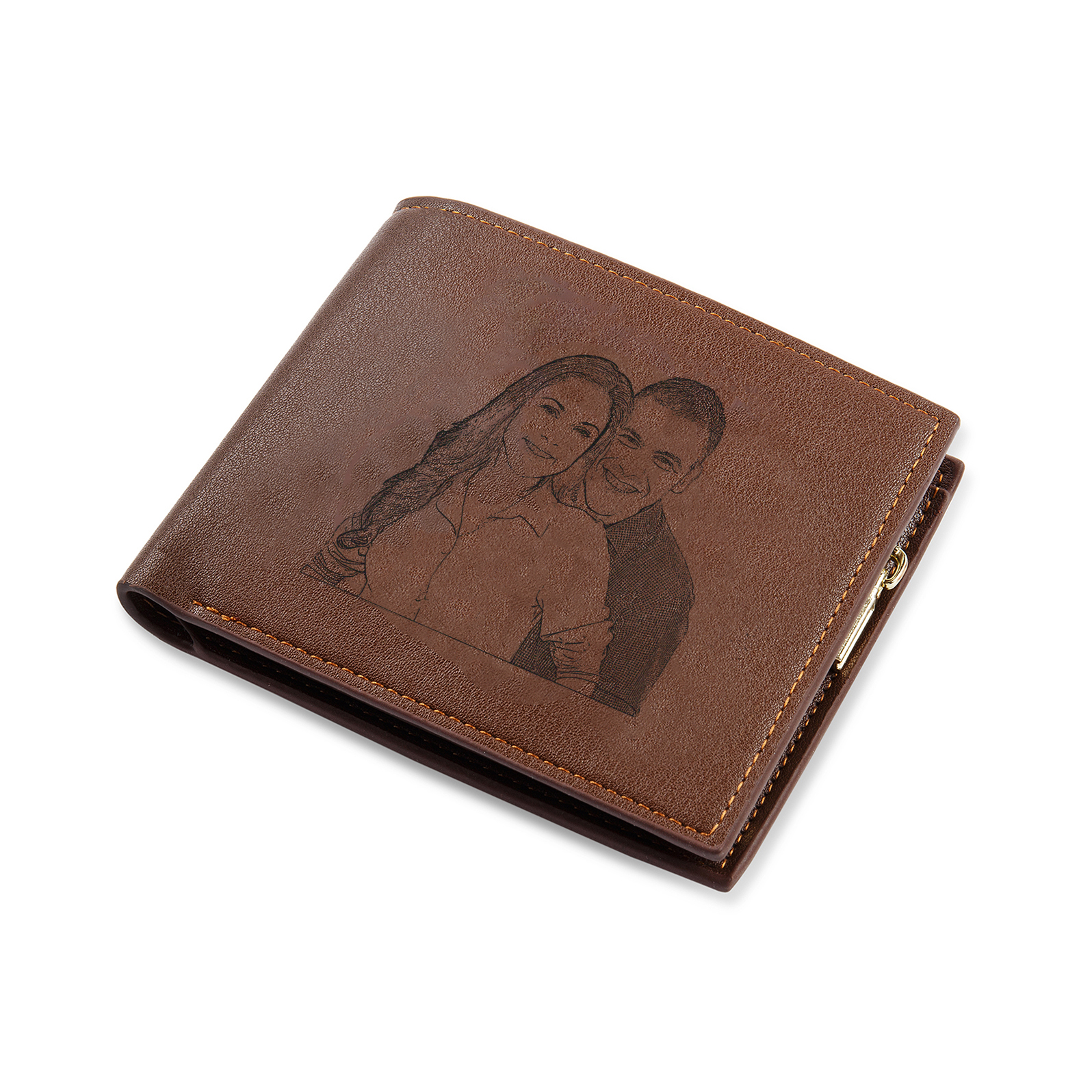 Herren Personalisiertes Foto & Text Braun PU Leder Geldbörse mit Münzfach & Reißverschluss