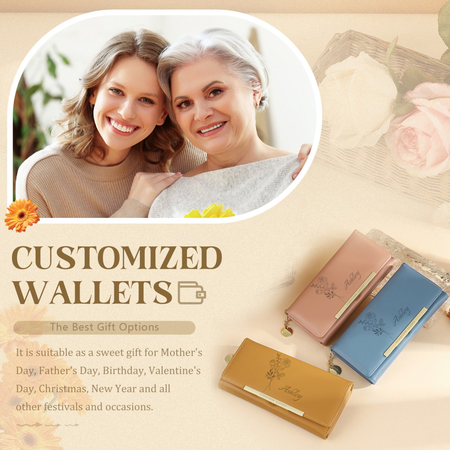 Damen Personalisierter Name & Geburtsblume PU Leder Geldbörse