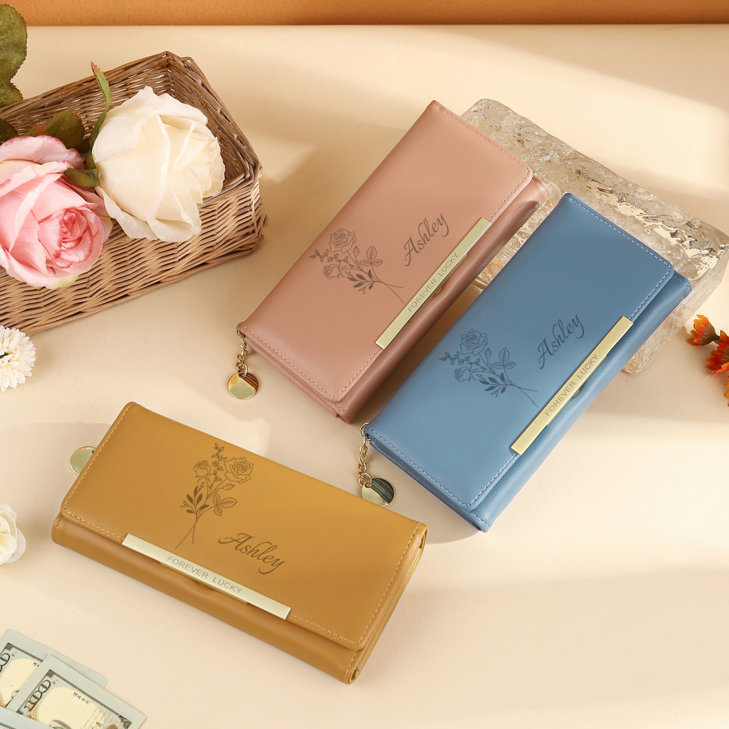 Damen Personalisierter Name & Geburtsblume PU Leder Geldbörse