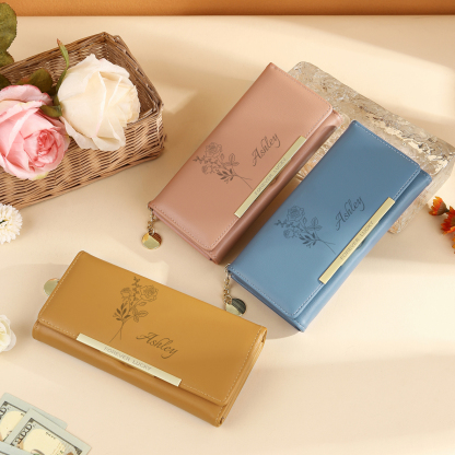 Damen Personalisierter Name & Geburtsblume PU Leder Geldbörse 