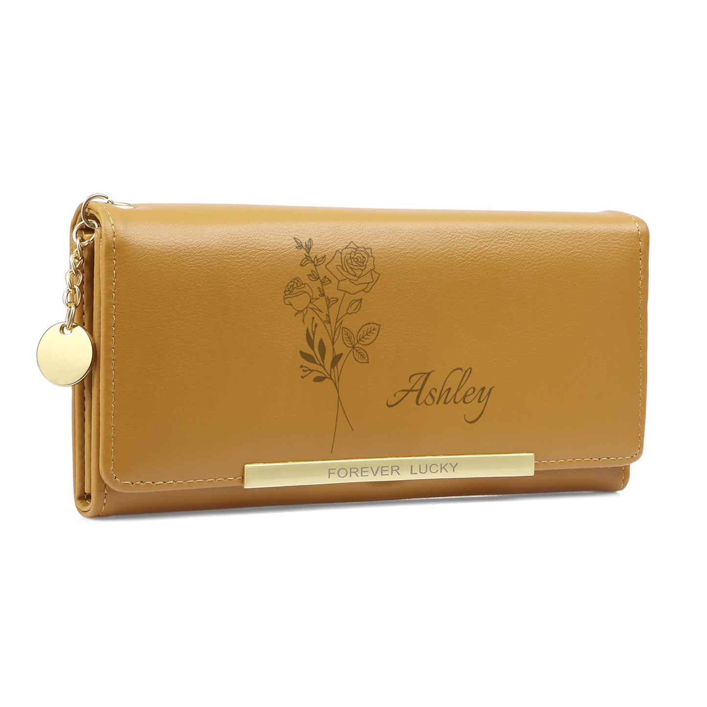 Damen Personalisierter Name & Geburtsblume PU Leder Geldbörse