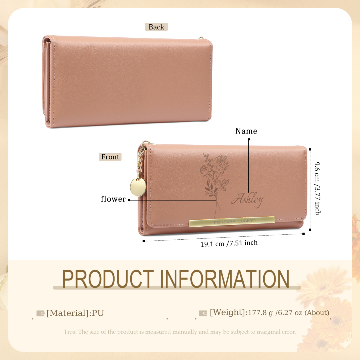Damen Personalisierter Name & Geburtsblume PU Leder Geldbörse