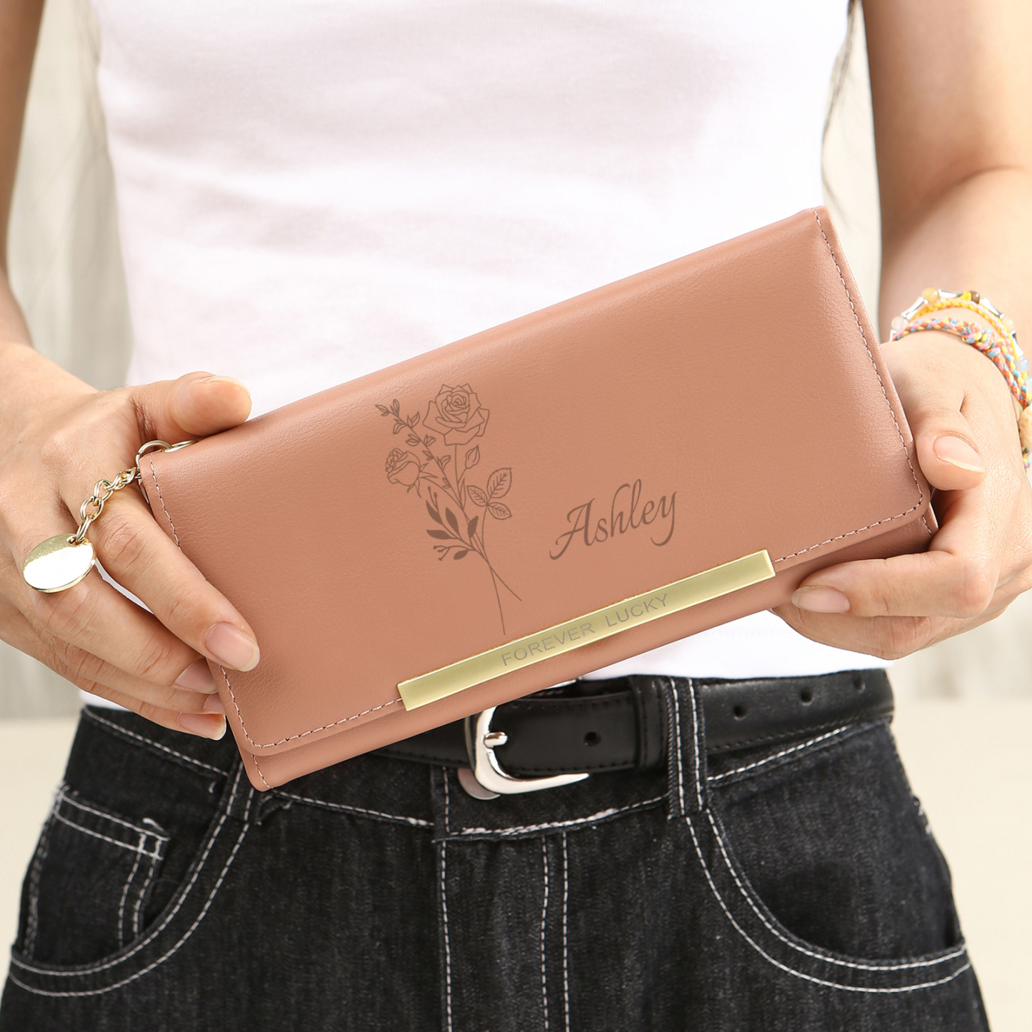 Damen Personalisierter Name & Geburtsblume PU Leder Geldbörse