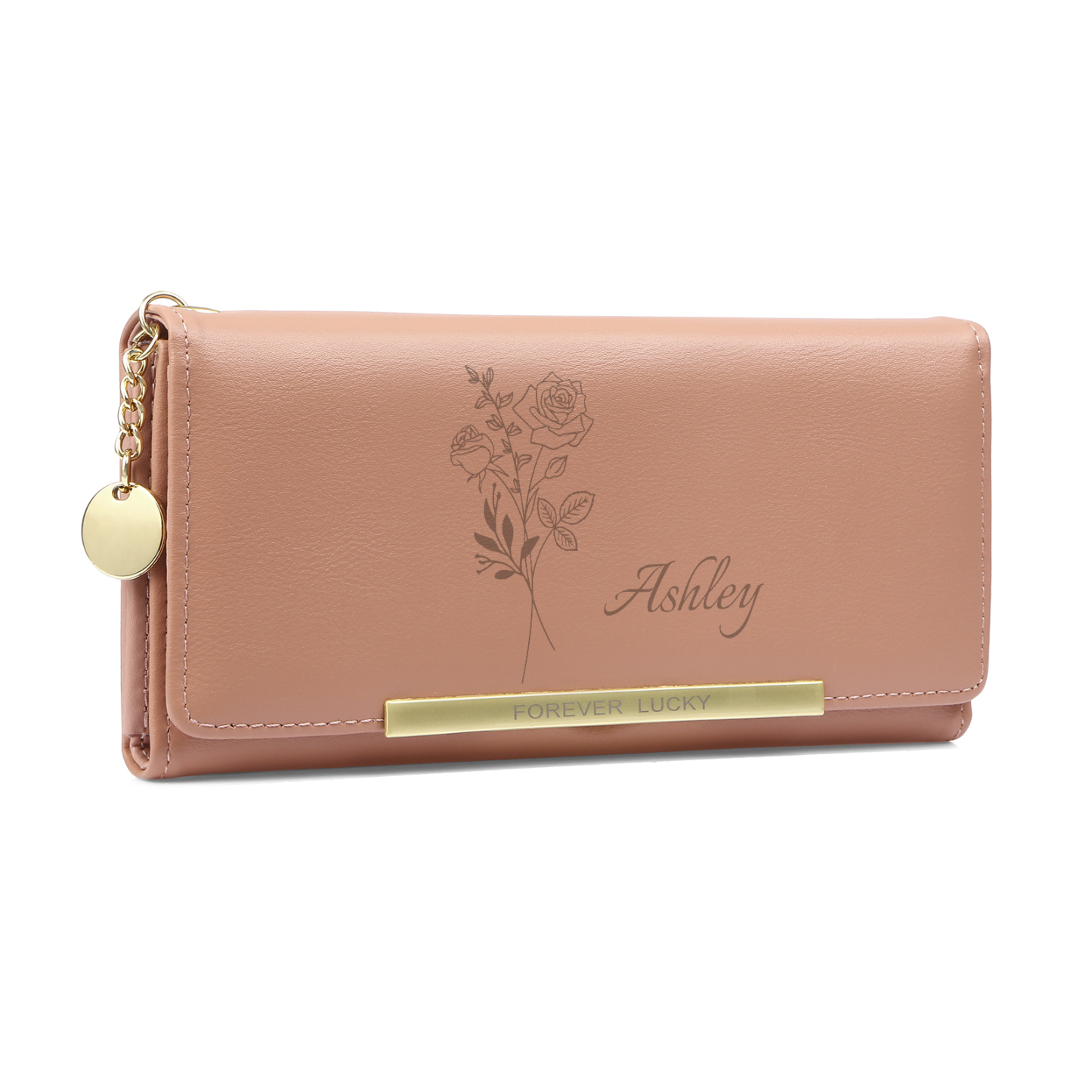 Damen Personalisierter Name & Geburtsblume PU Leder Geldbörse