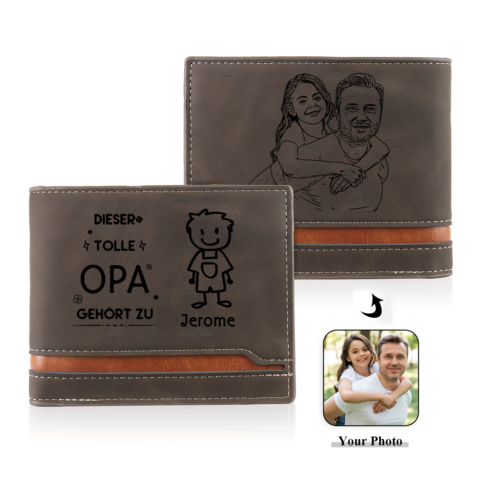 Kettenmachen Herren Personalisiertes Foto & 2 Namen -Dieser tolle Opa gehört zu- Leder Geldbörse-Geschenk für Großvater 22.49