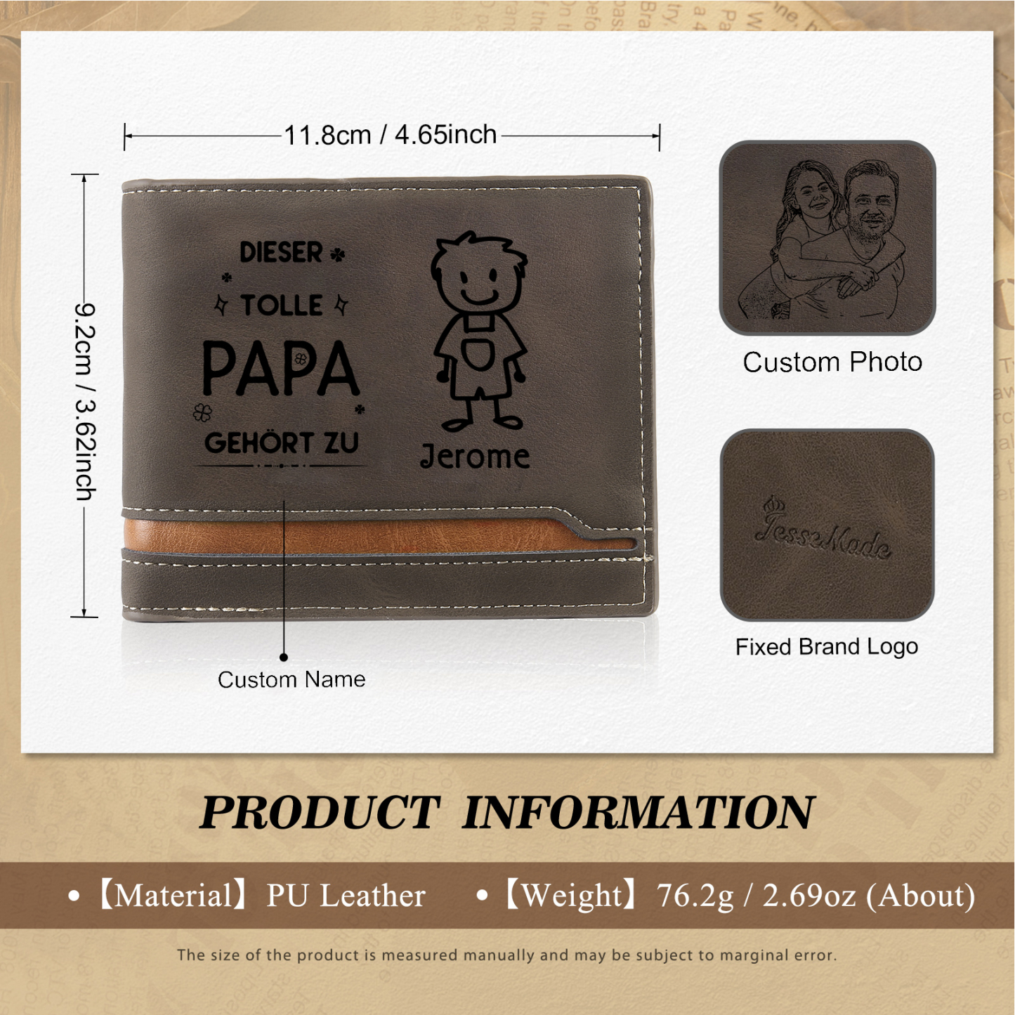 Herren Personalisiertes Foto & 1 Name & Muster Dieser tolle Papa gehört zu Leder Geldbörse-Geschenk für Großvater