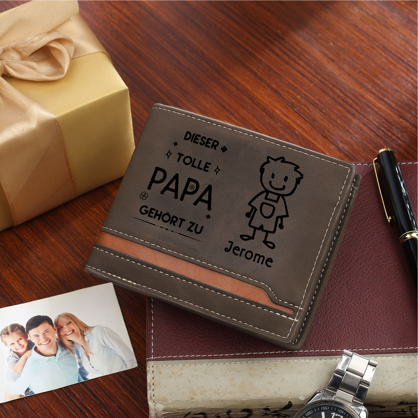 Herren Personalisiertes Foto & 1 Name & Muster Dieser tolle Papa gehört zu Leder Geldbörse-Geschenk für Großvater