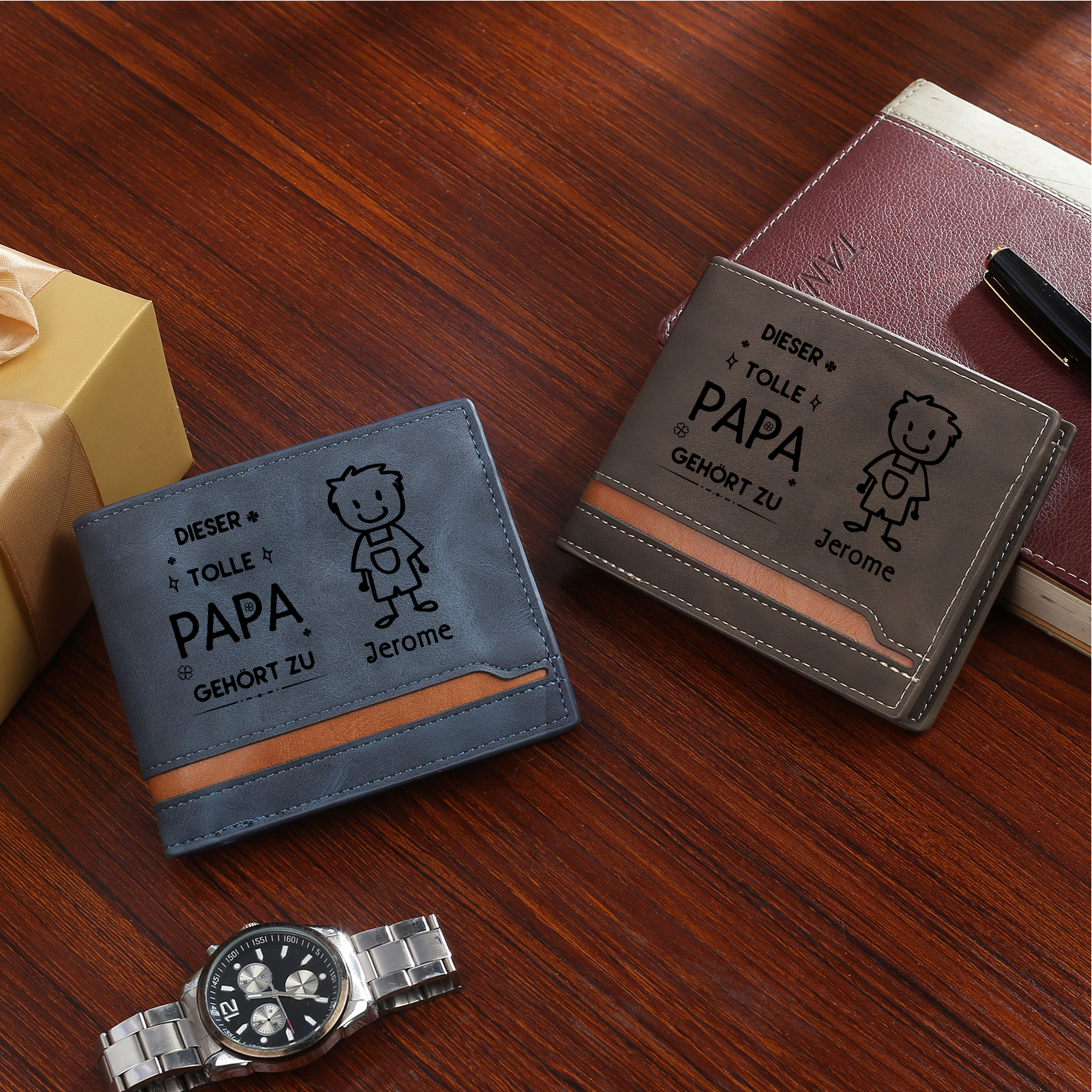 Personalisierter Foto* Name*Muster PU Leder Geldbörse & Name* Muster Schlüsselanhänger & Karte & Box Geschenkbox Set für Papa