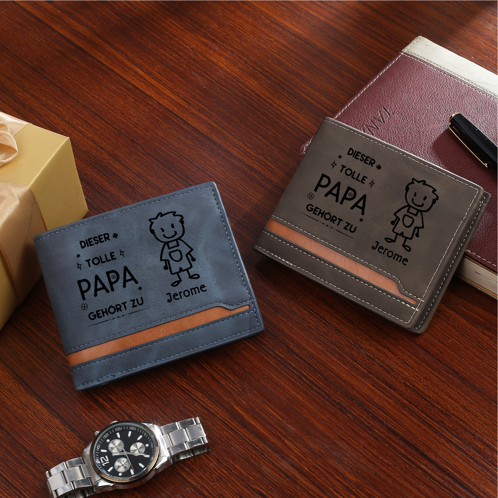 Personalisierter Foto* Name*Muster PU Leder Geldbörse & Name* Muster Schlüsselanhänger & Karte & Box Geschenkbox Set für Papa