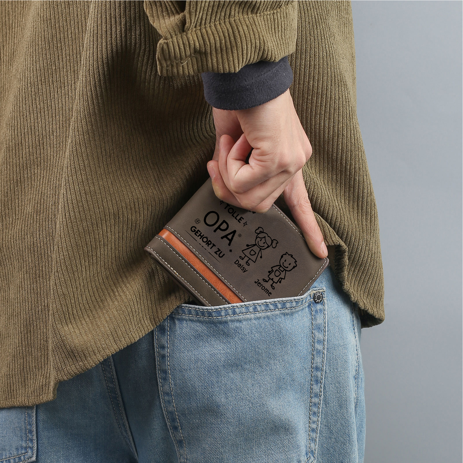 Herren Personalisiertes Foto & 2 Namen & Muster Dieser tolle Opa gehört zu Leder Geldbörse-Geschenk für Großvater