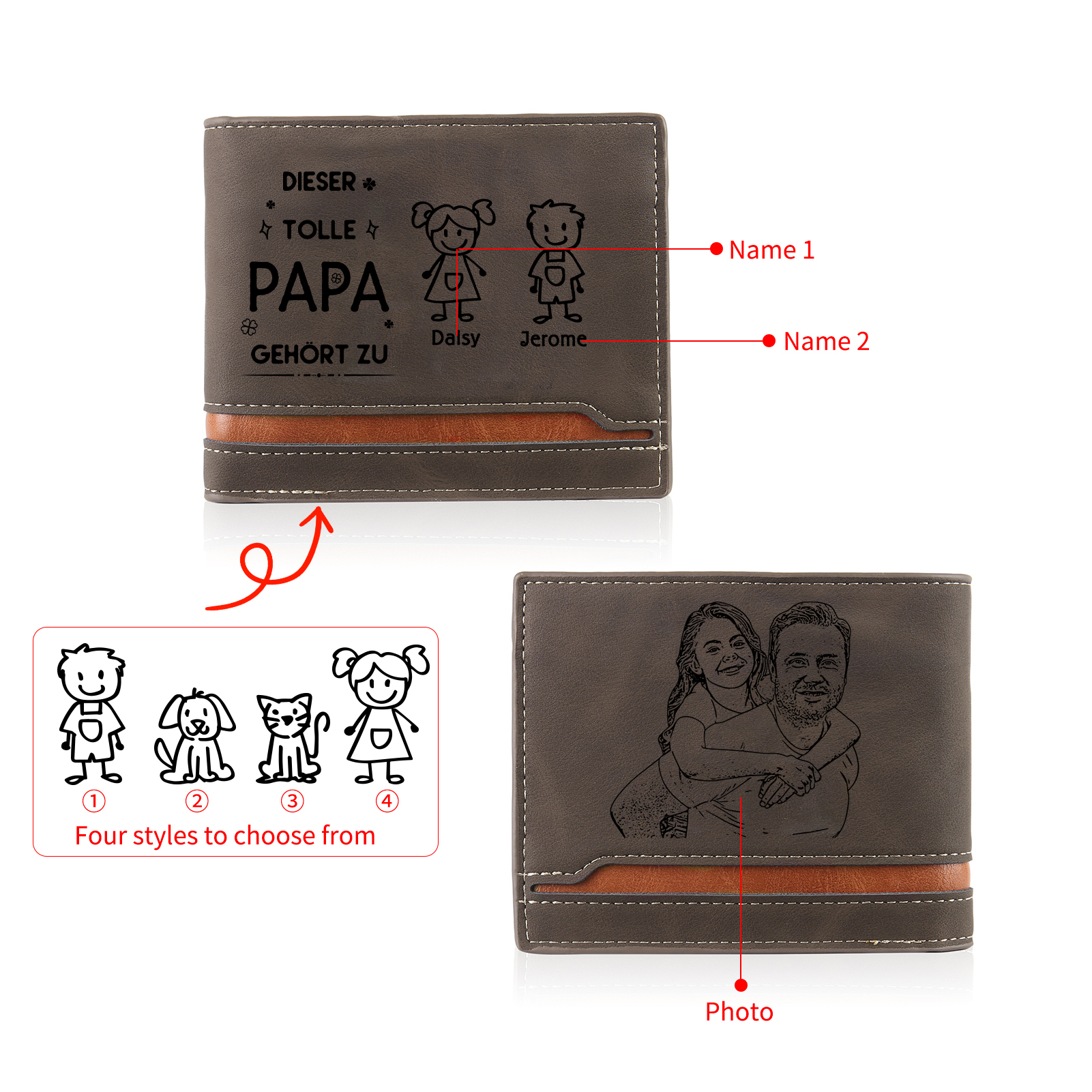 Herren Personalisiertes Foto & 2 Namen & Muster Dieser tolle Papa gehört zu Leder Geldbörse-Geschenk für Vater