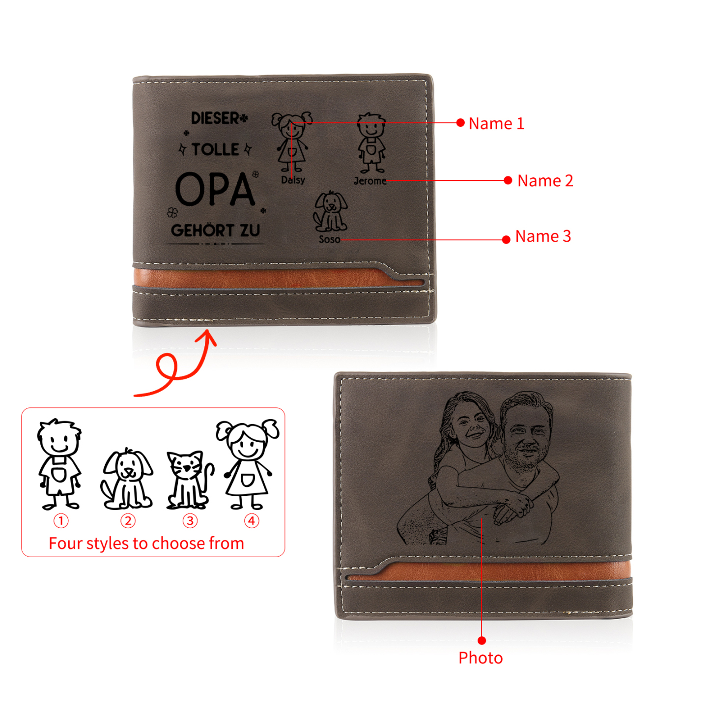 Herren Personalisiertes Foto & 3 Namen & Muster Dieser tolle Opa gehört zu Leder Geldbörse-Geschenk für Großvater