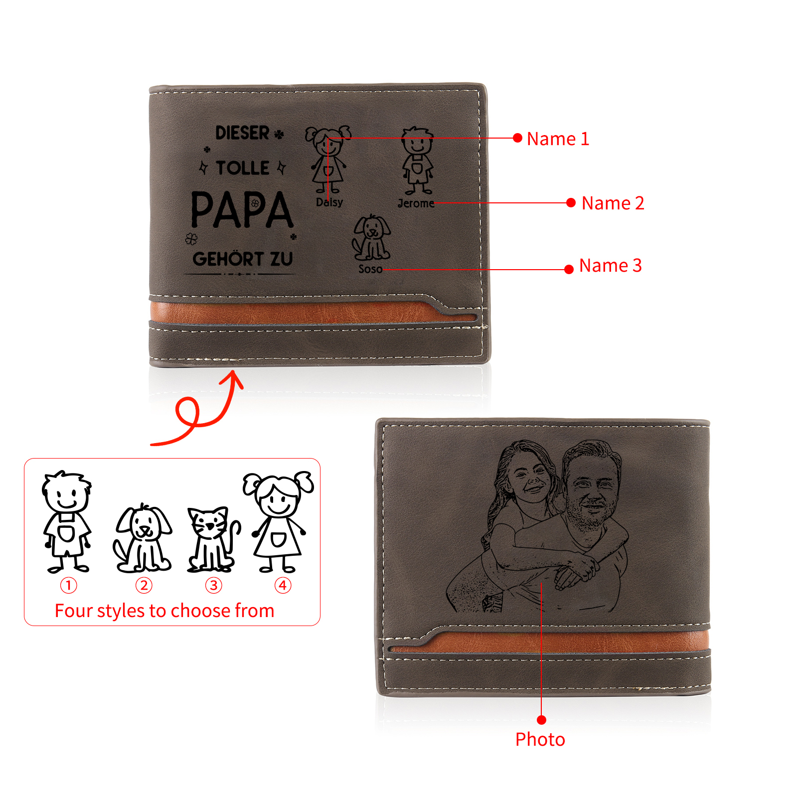 Herren Personalisiertes Foto & 3 Namen & Muster Dieser tolle Papa gehört zu Leder Geldbörse-Geschenk für Vater