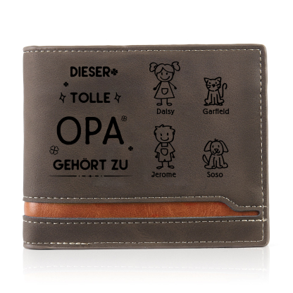 Herren Personalisiertes Foto & 4 Namen & Muster Dieser tolle Opa gehört zu Leder Geldbörse-Geschenk für Großvater