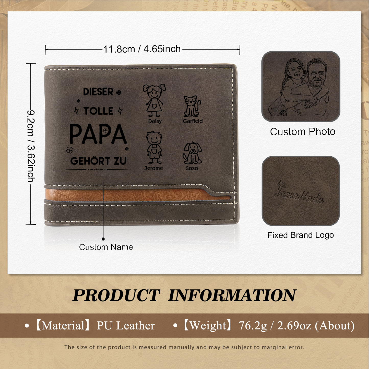 Herren Personalisiertes Foto & 4 Namen & Muster Dieser tolle Papa gehört zu Leder Geldbörse-Geschenk für Vater