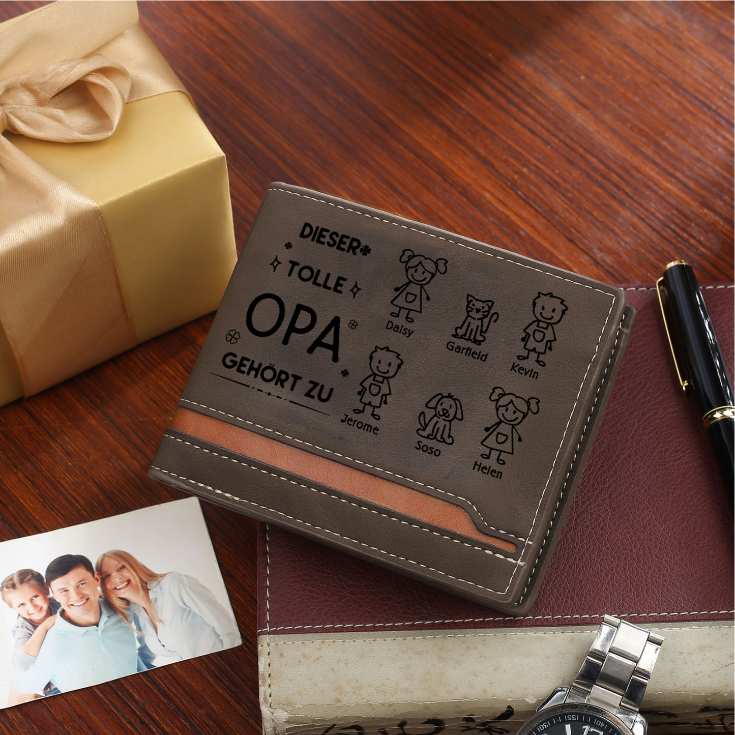 Herren Personalisiertes Foto & 6 Namen & Muster Dieser tolle Opa gehört zu Leder Geldbörse-Geschenk für Großvater