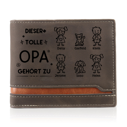 Herren Personalisiertes Foto & 6 Namen & Muster Dieser tolle Opa gehört zu Leder Geldbörse-Geschenk für Großvater