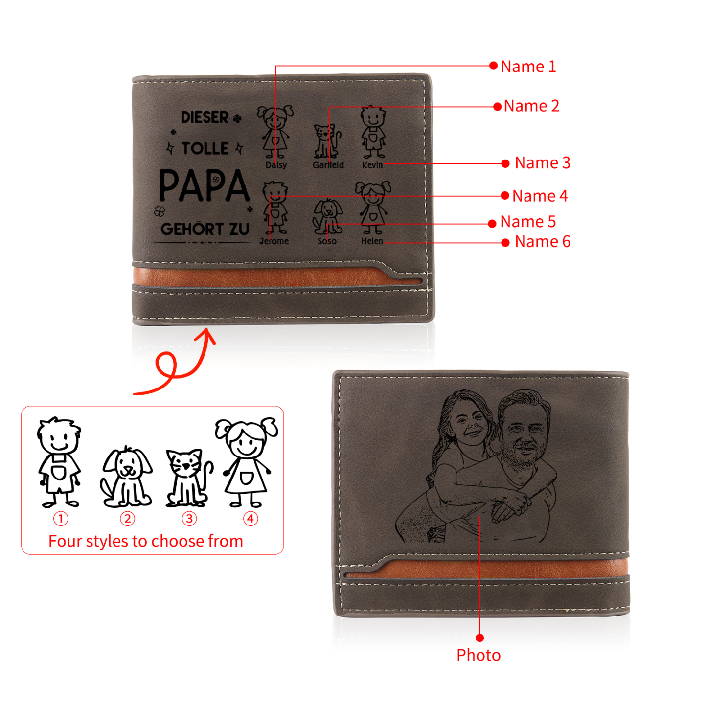Herren Personalisiertes Foto & 6 Namen & Muster Dieser tolle Papa gehört zu Leder Geldbörse-Geschenk für Vater
