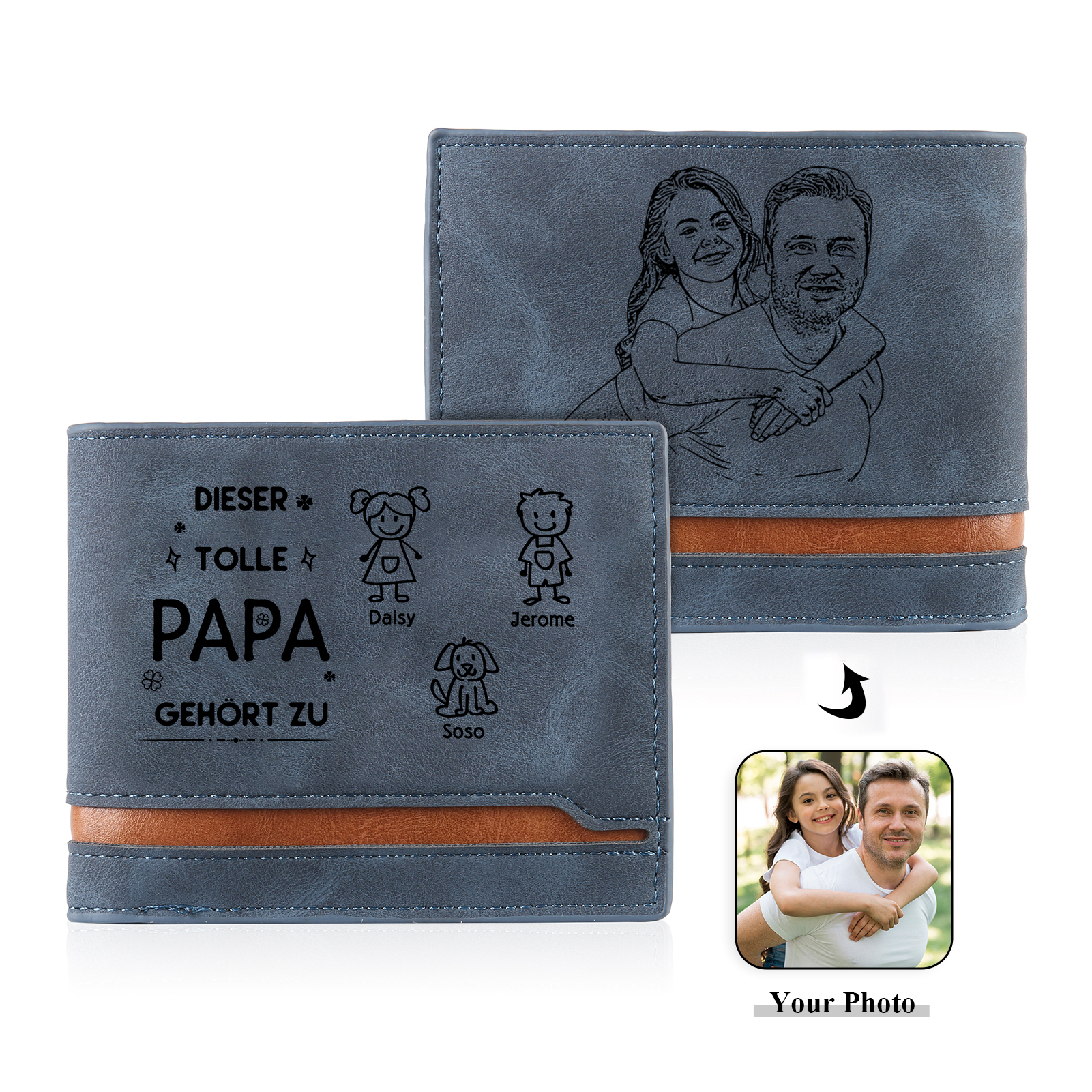 Herren Personalisiertes Foto & 3 Namen & Muster Dieser tolle Papa gehört zu Leder Geldbörse-Geschenk für Vater