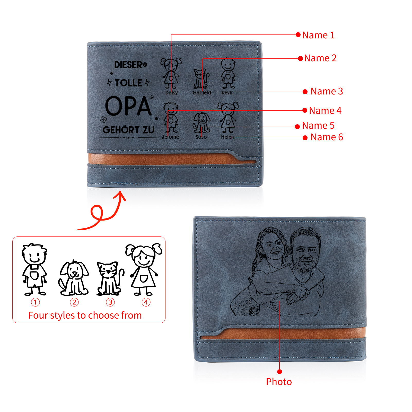 Herren Personalisiertes Foto & 6 Namen & Muster Dieser tolle Opa gehört zu Leder Geldbörse-Geschenk für Großvater