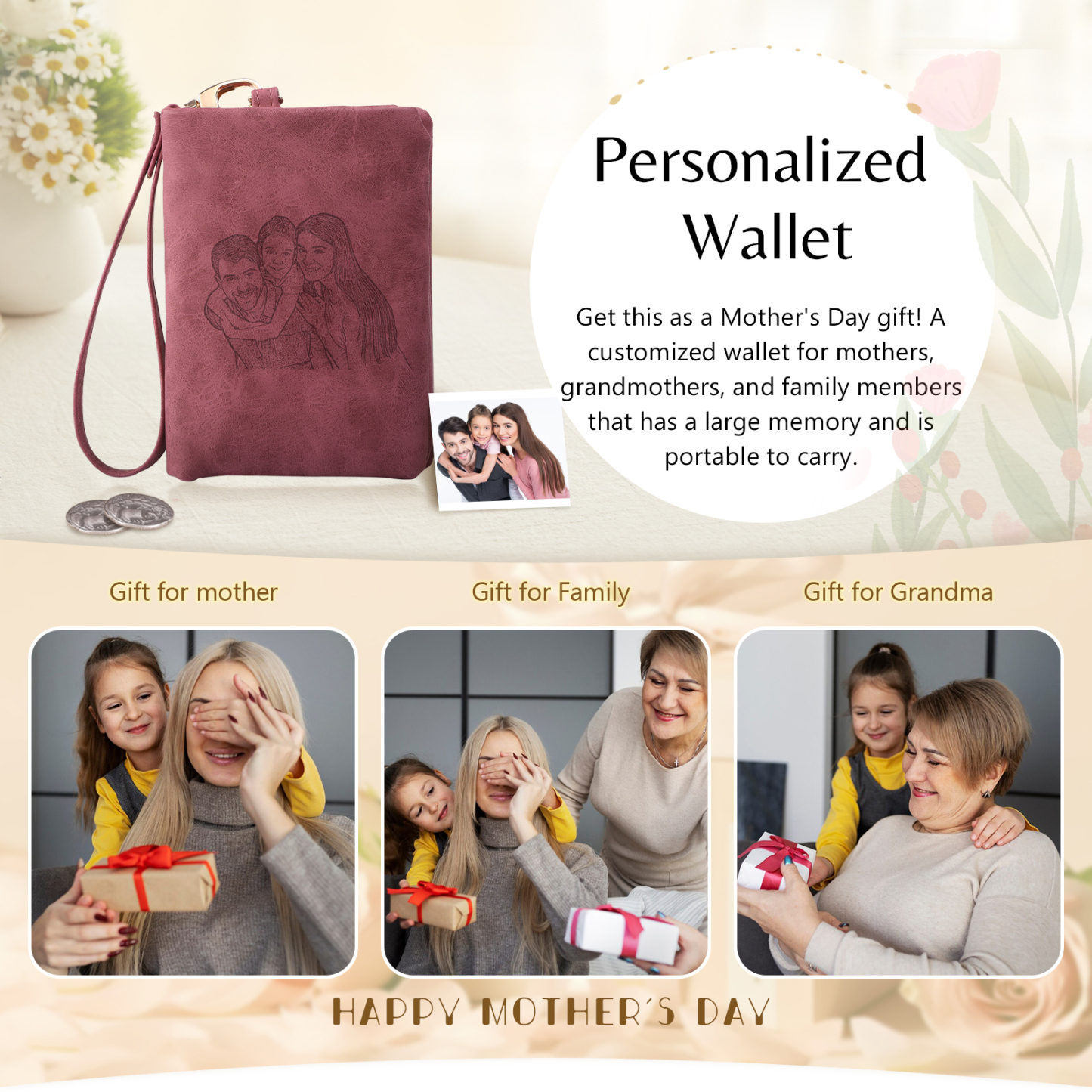 Damen Personalisierter Name & Geburtsblume PU Leder Geldbörse 