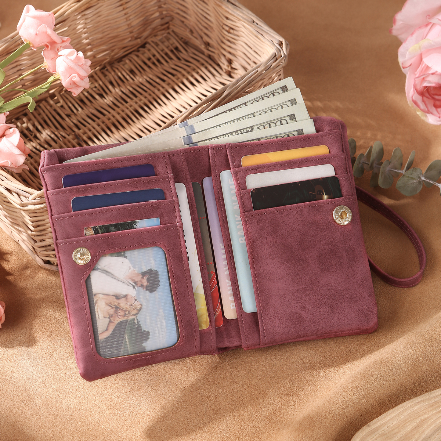 Damen Personalisierter Name & Geburtsblume PU Leder Geldbörse