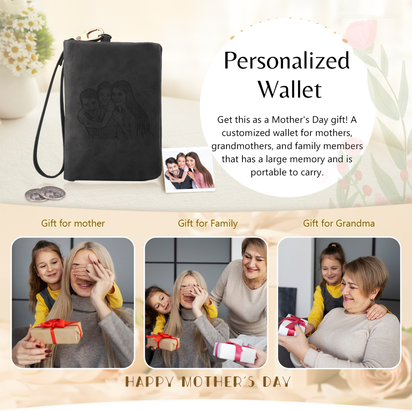 Damen Personalisierter Name & Geburtsblume PU Leder Geldbörse
