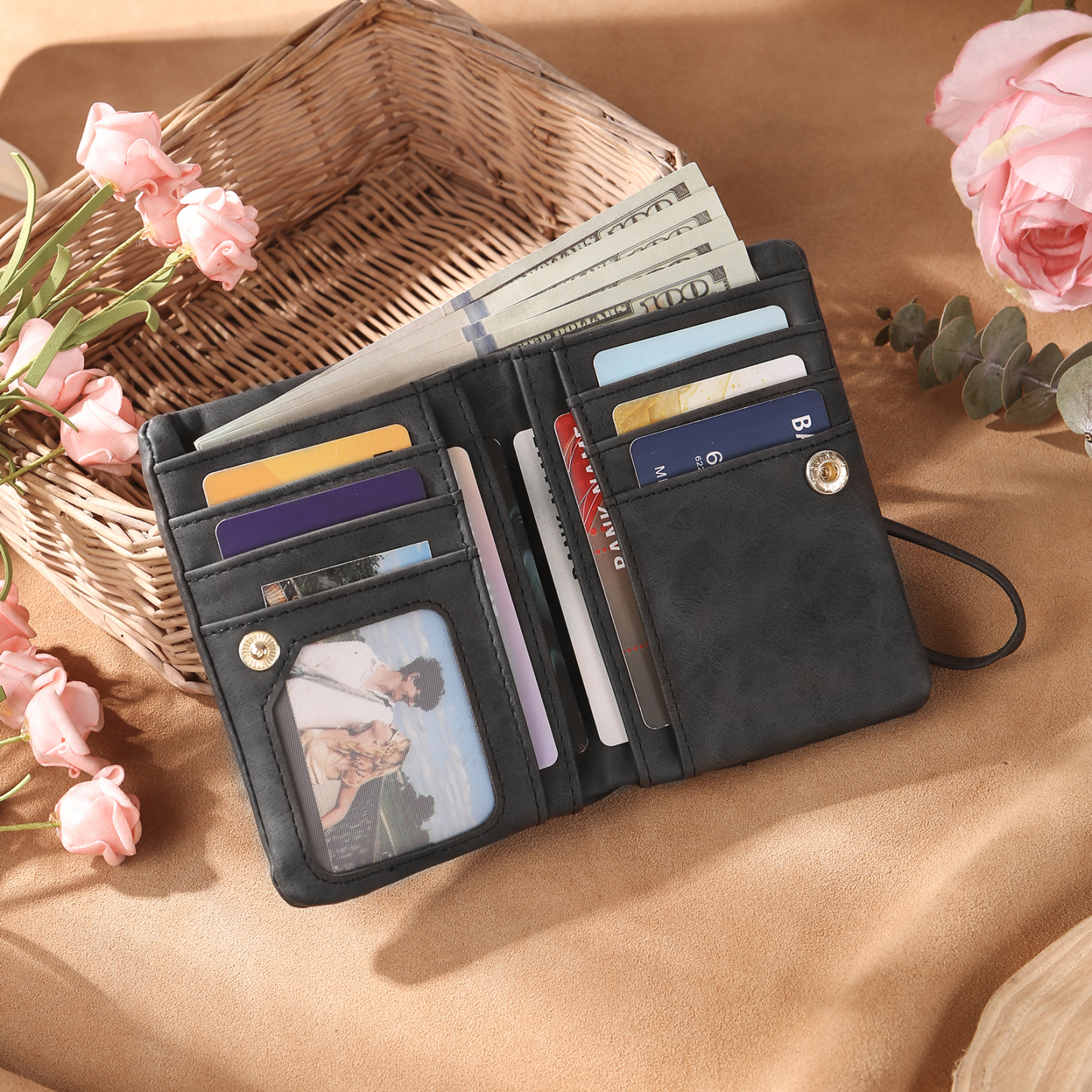 Damen Personalisierter Name & Geburtsblume PU Leder Geldbörse