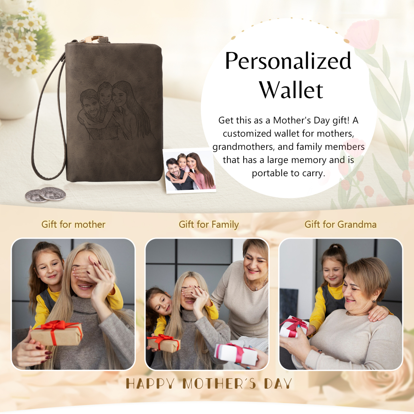 Damen Personalisierter Name & Geburtsblume PU Leder Geldbörse
