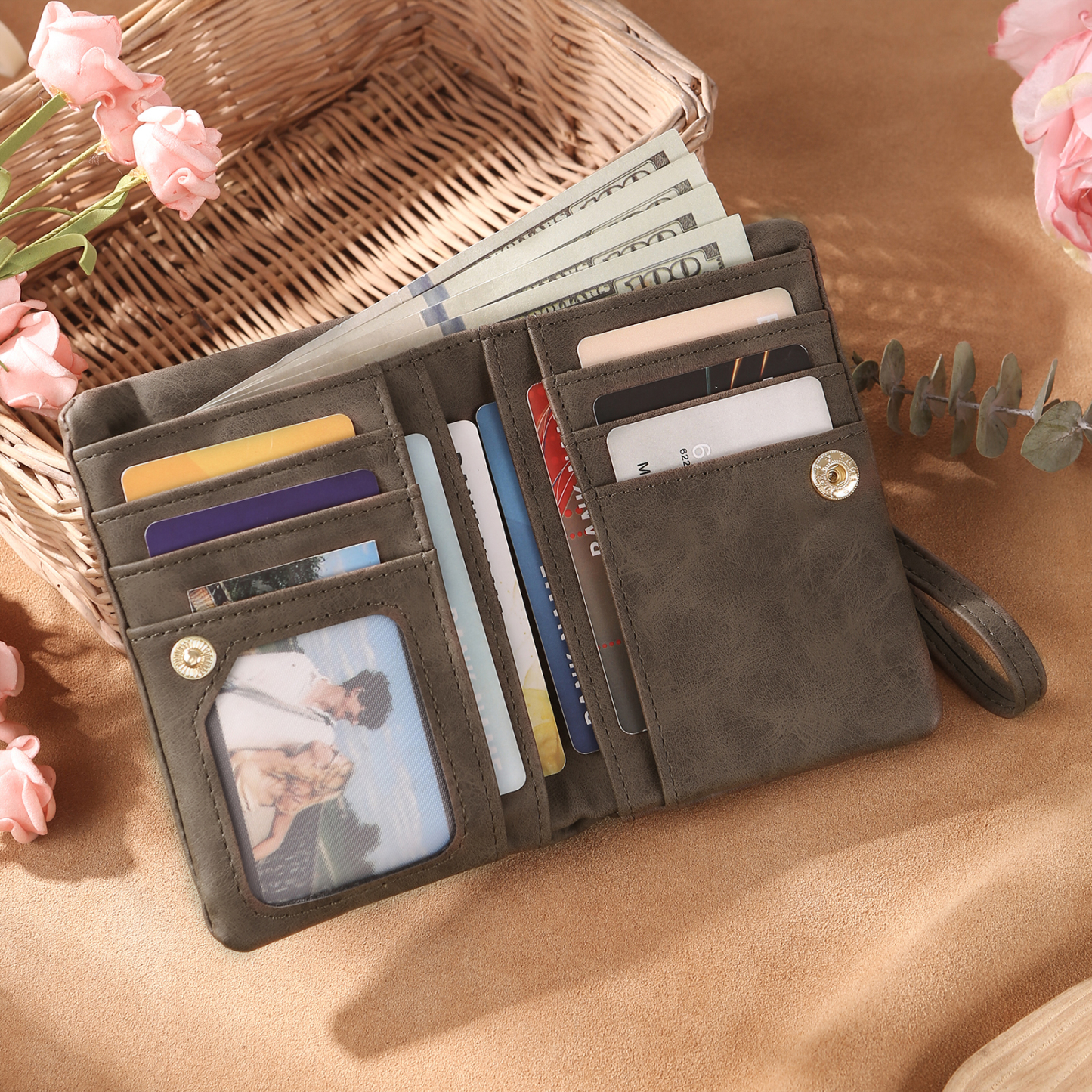 Damen Personalisierter Name & Geburtsblume PU Leder Geldbörse