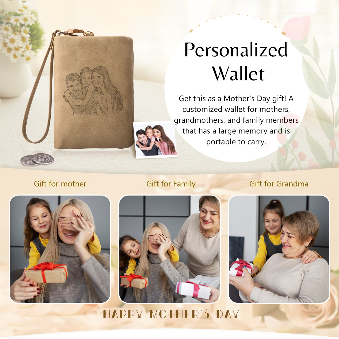 Damen Personalisierter Name & Geburtsblume PU Leder Geldbörse