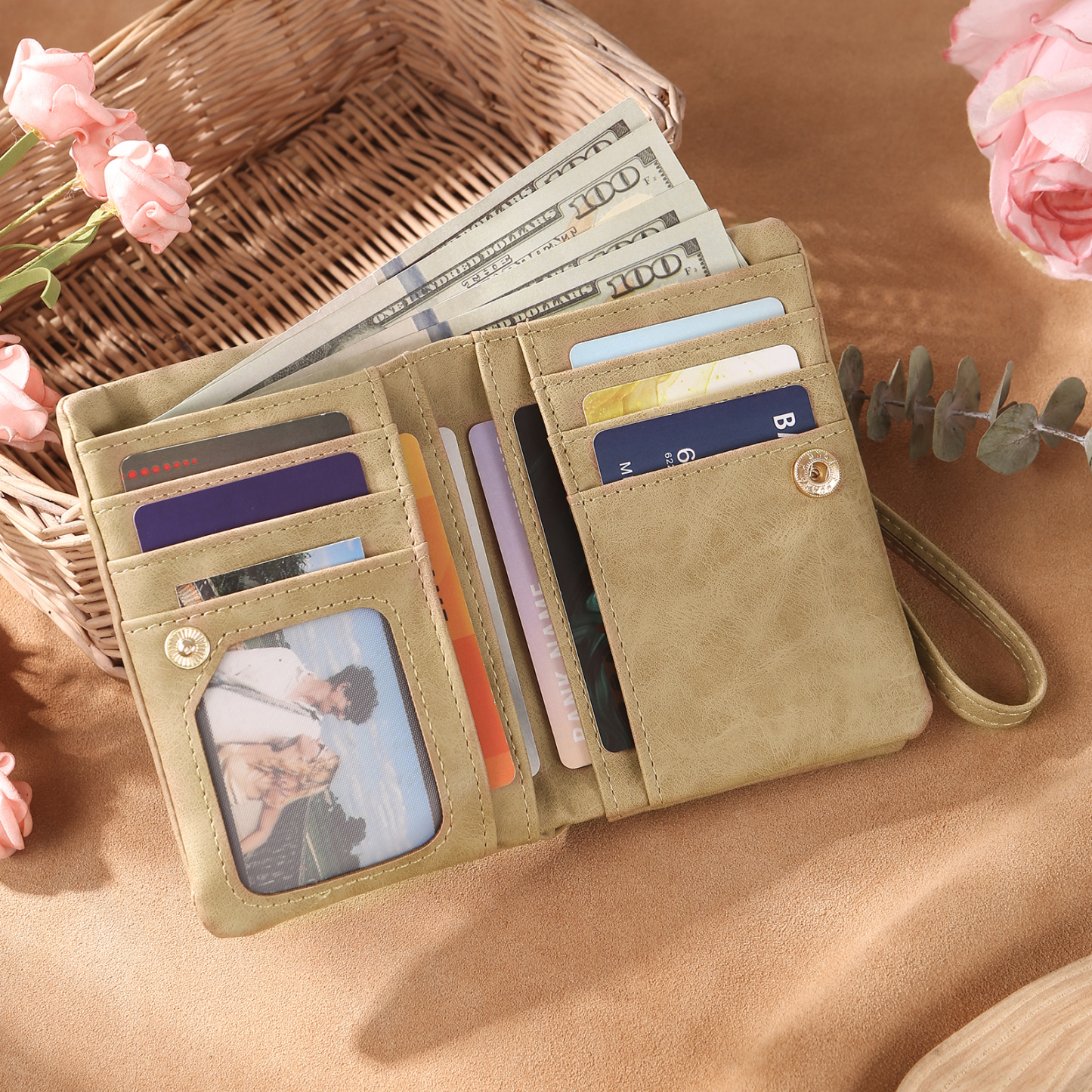 Damen Personalisierter Name & Geburtsblume PU Leder Geldbörse