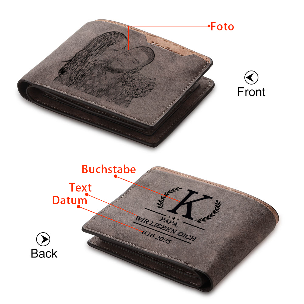 Herren Personalisierter Datum & Buchstabe & Foto & Text Lede Geldbörse für Papa