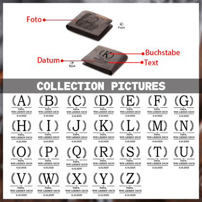 Herren Personalisierter Datum & Buchstabe & Foto & Text Lede Geldbörse für Papa