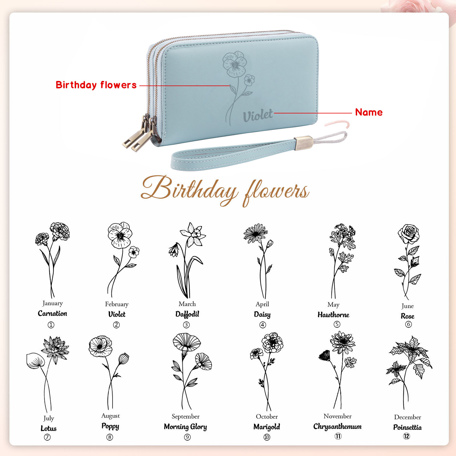 Personalisierte 1 Name & Geburtsblume PU-Leder Portemonnaie - Geldbörse für Damen