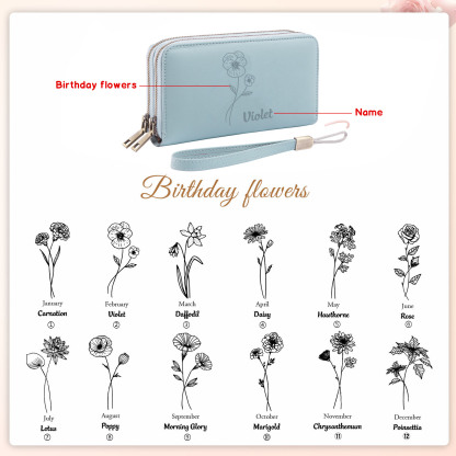 Personalisierte 1 Name & Geburtsblume PU-Leder Portemonnaie - Geldbörse für Damen