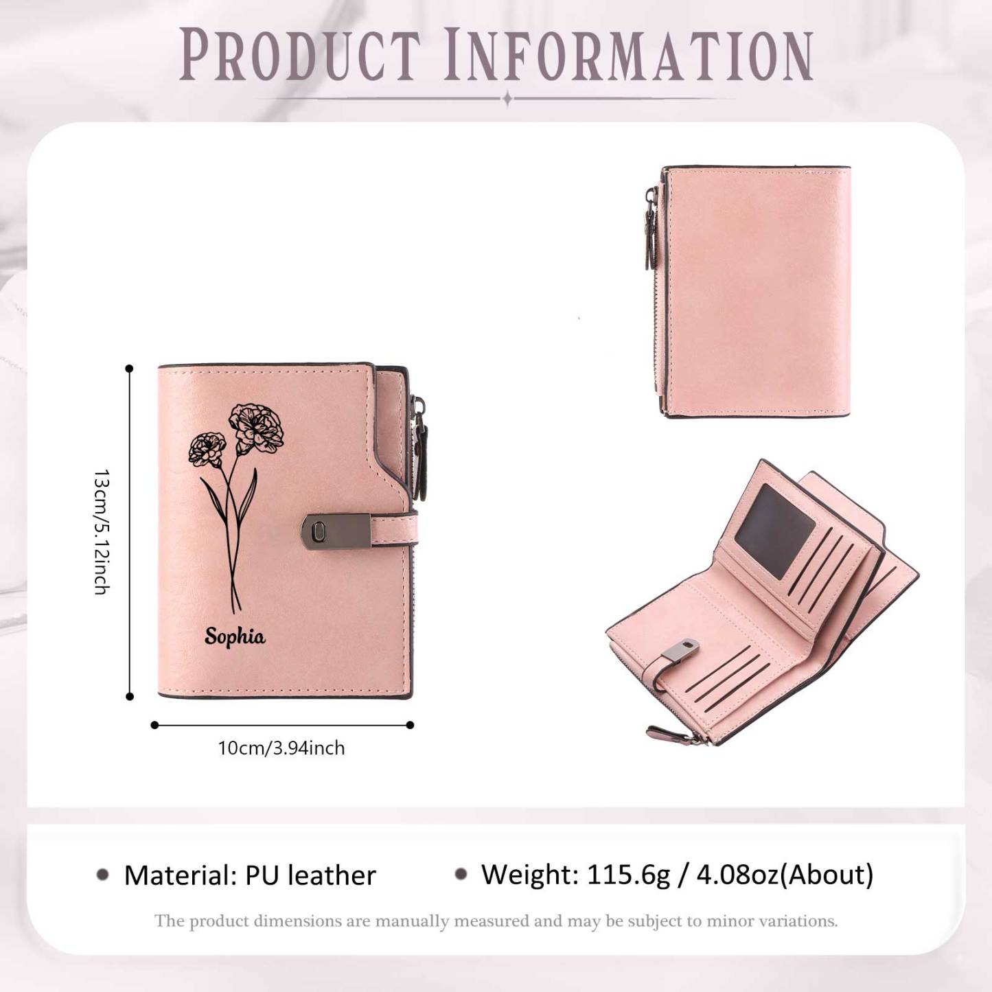 Monogramm-Geldbörse aus PU-Leder mit Name-Blume-Gravur für Damen