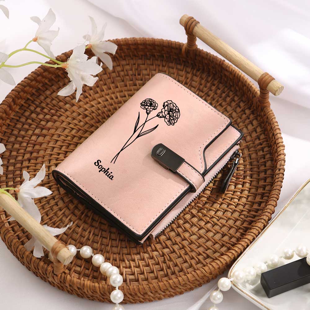 Monogramm-Geldbörse aus PU-Leder mit Name-Blume-Gravur für Damen