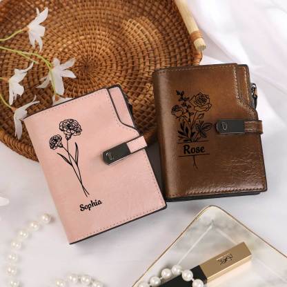 Monogramm-Geldbörse aus PU-Leder mit Name-Blume-Gravur für Damen