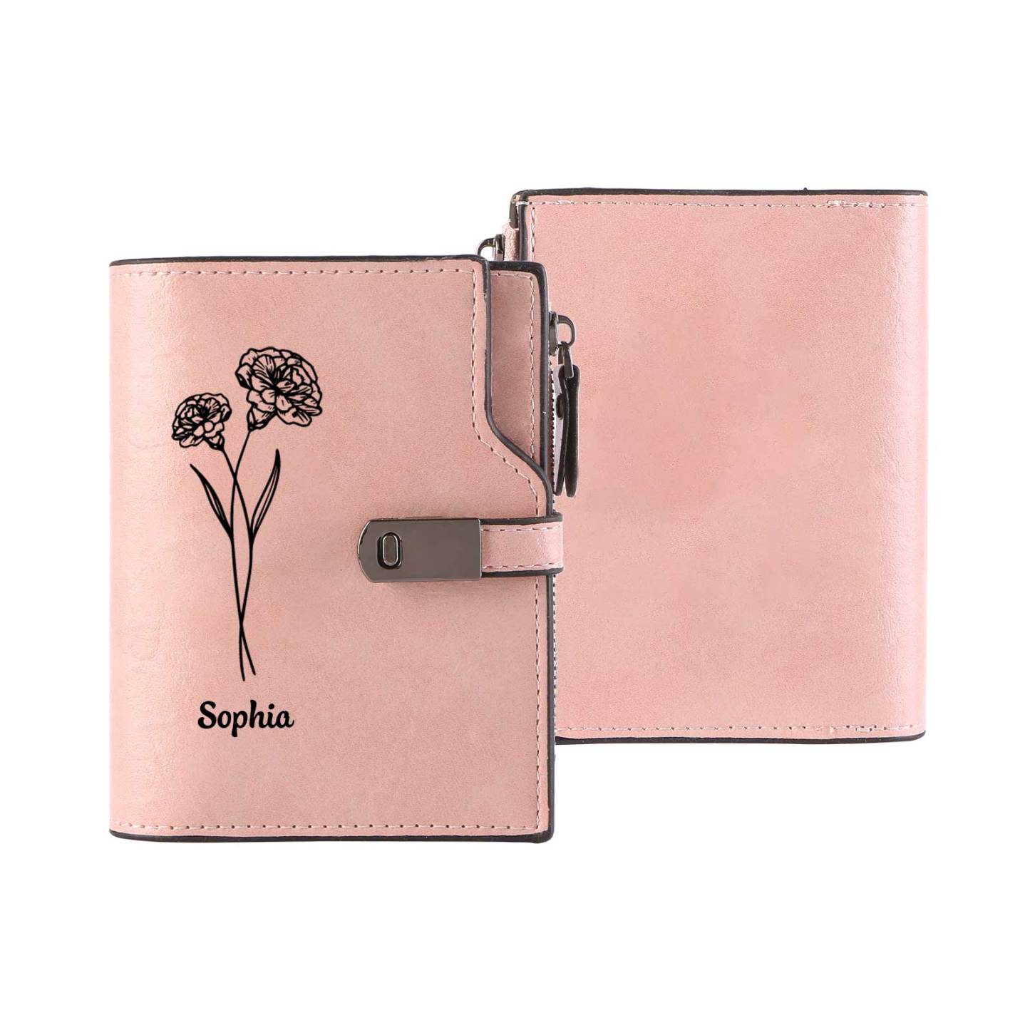 Monogramm-Geldbörse aus PU-Leder mit Name-Blume-Gravur für Damen