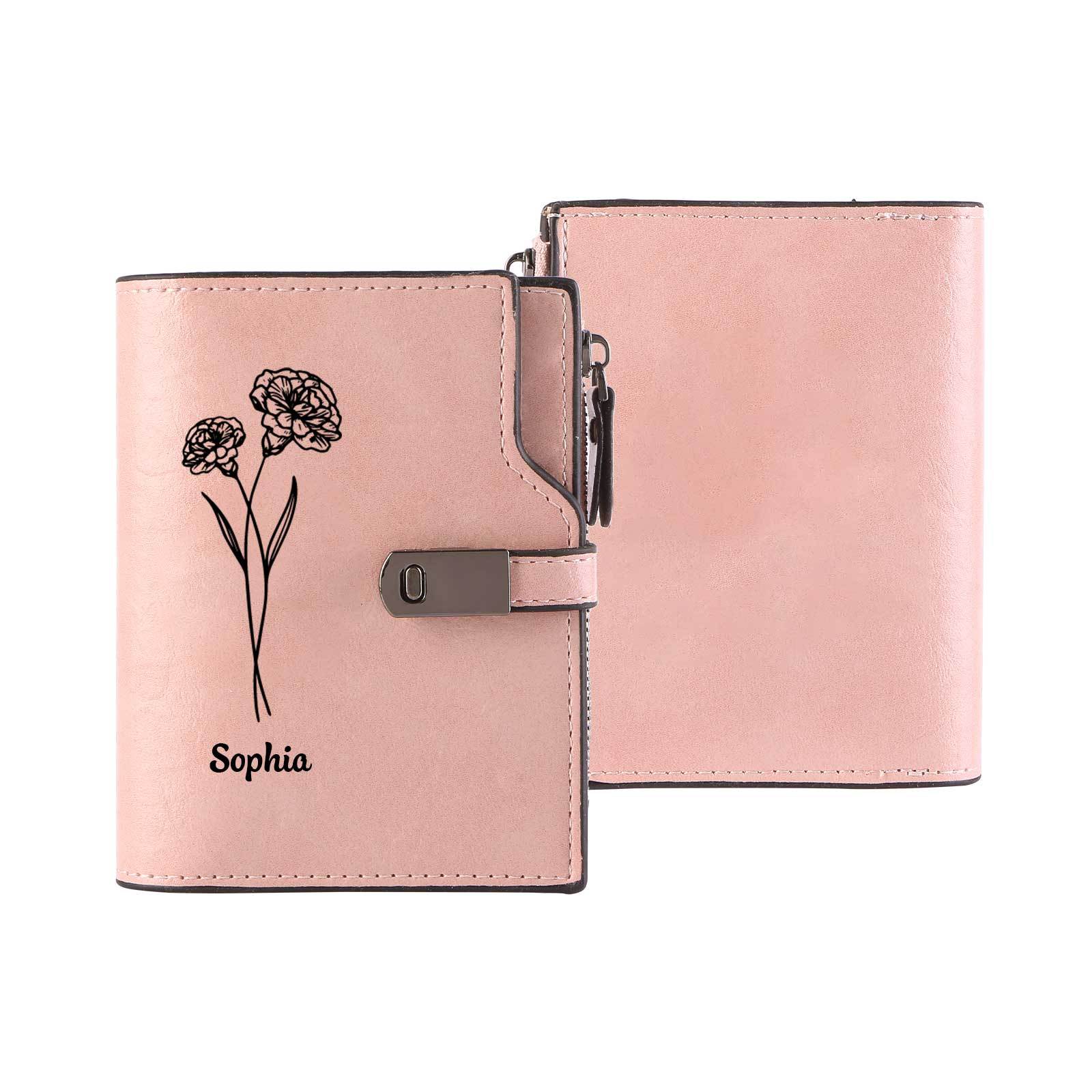 Monogramm-Geldbörse aus PU-Leder mit Name-Blume-Gravur für Damen