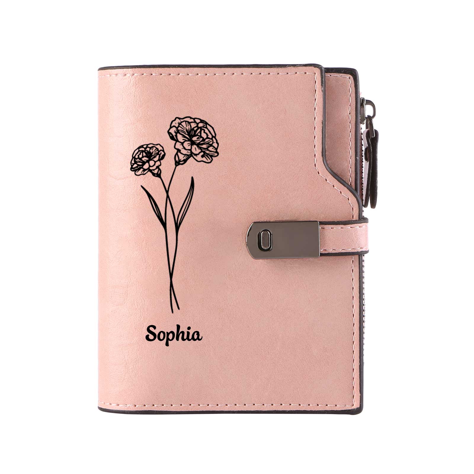 Monogramm-Geldbörse aus PU-Leder mit Name-Blume-Gravur für Damen