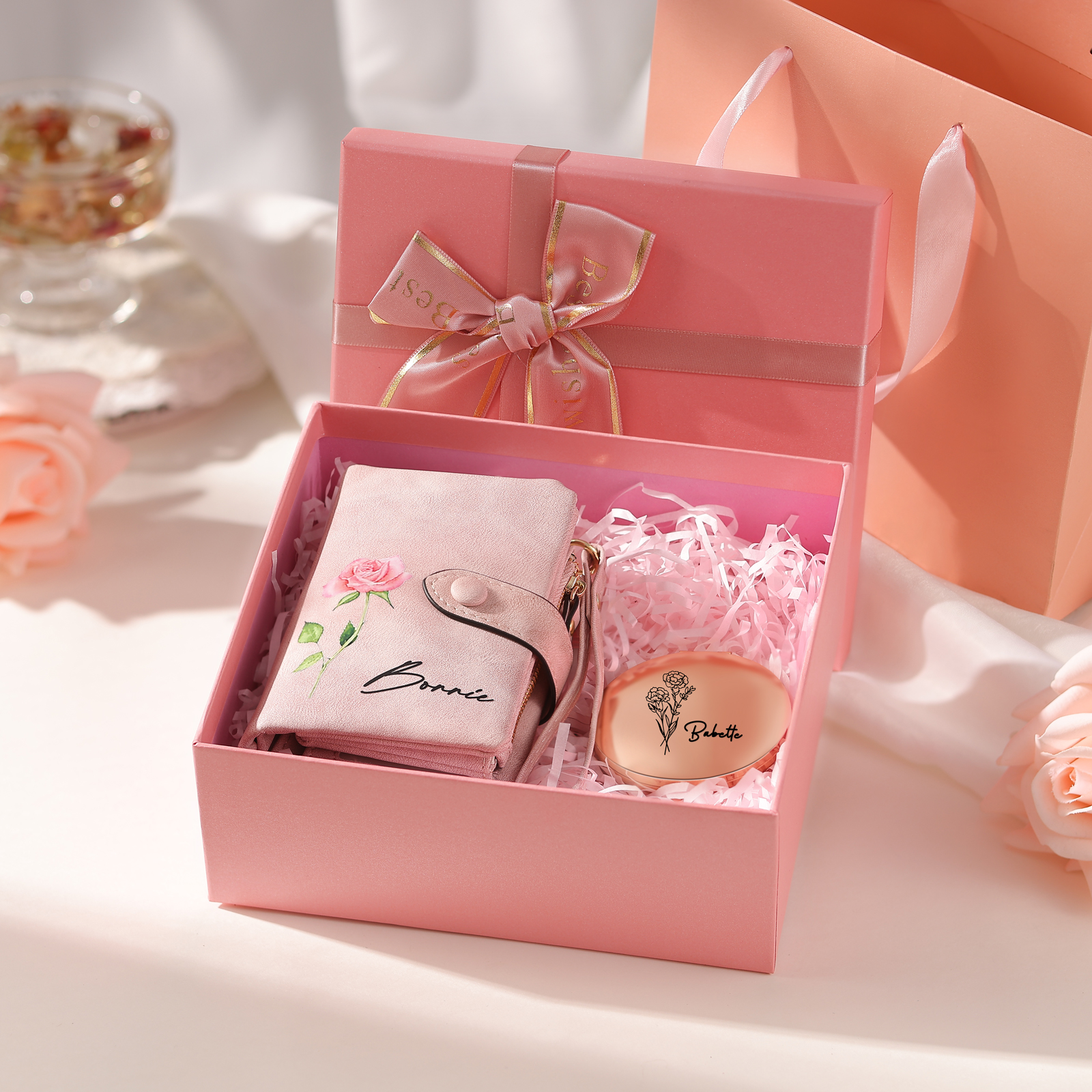 Personalisierter Name*Blume PU Leder Geldbörse & Name* Blume Kosmetikspiegel & Box Geschenkbox Set für Mama