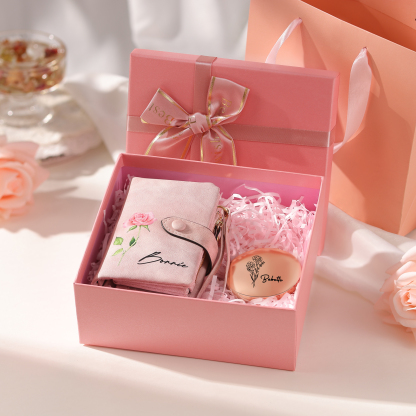 Personalisierter Name*Blume PU Leder Geldbörse & Name* Blume Kosmetikspiegel & Box Geschenkbox Set für Mama